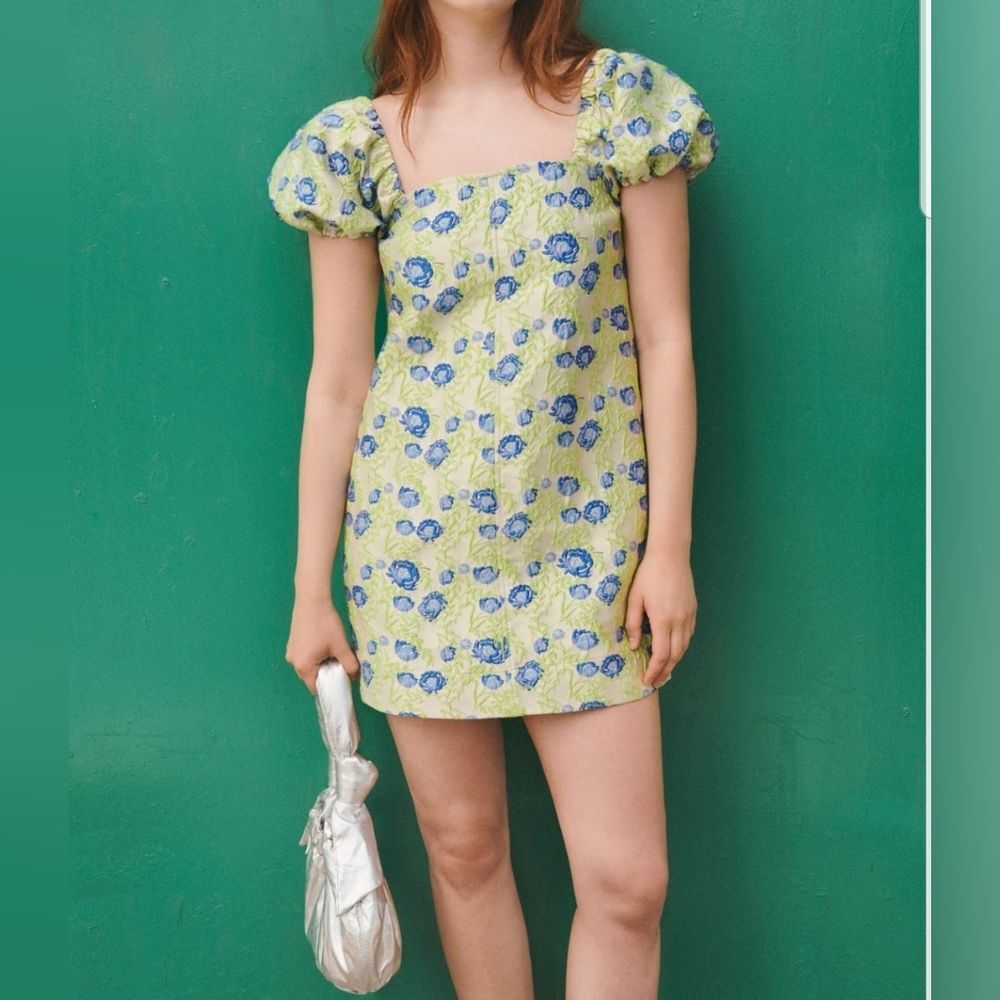 GANNI Blue Green Floral Chic Feminine Puff Sleeve Jacquard Mini Dress Size 42